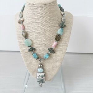 Genuine Sterling Silver, Jasper & Amazonite Beaded Necklace Blue Green Pink Gray